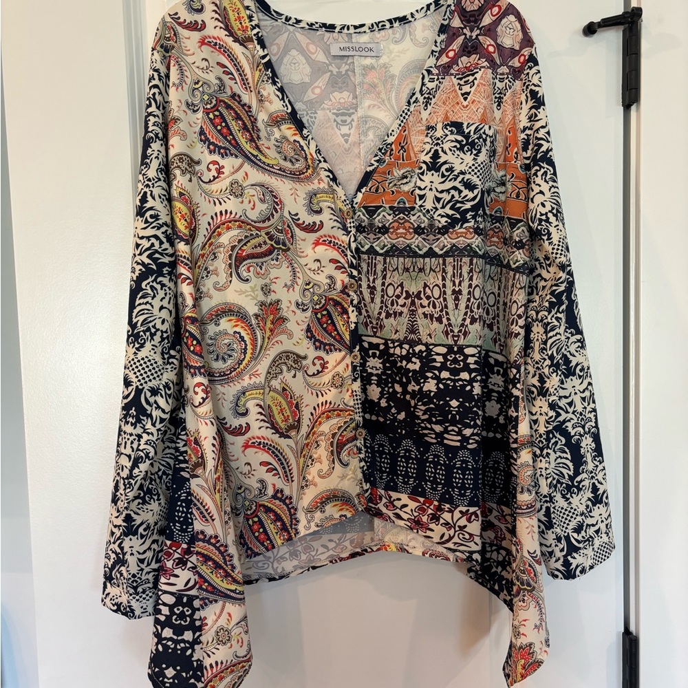 🧡💙 MISSLOOK Asymmetrical Long Sleeve Blouse – Bold Patchwork Vibe & Contemp.